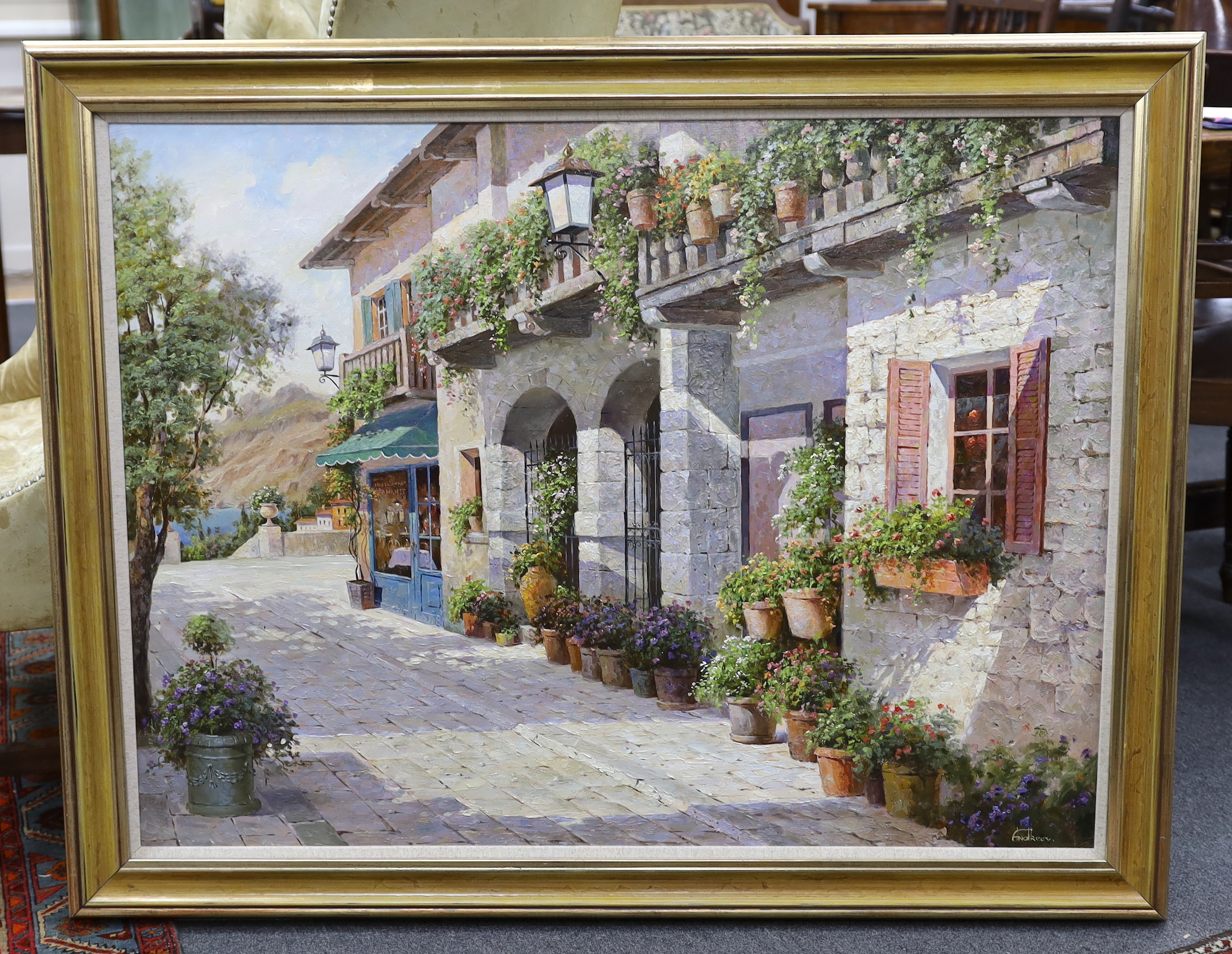 Vladamir Andreev, impasto oil on canvas, Mediterranean street scene before a lake, signed, 75 x 100cm